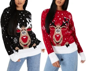 Damen Rundhals Rentier an der Wand Strick Weihnachtspullover Rudolph Print Pullover - Bild 1 von 3