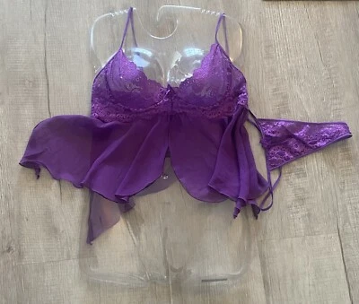 Fantasy Brand Purple 2 Piece Lingerie Set With Lace Accents Size Large New - Image 1 of 4