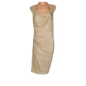 R&M RICHARDS Midi Dress Size 16W Gold Cocktail Shimmer Stretch Brooch Wedding - Picture 1 of 18