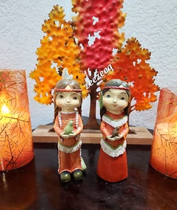 Thanksgiving Fall Indian Couple Boy Girl Figurine Resin Tabletop Home Decor 6" - Picture 1 of 9
