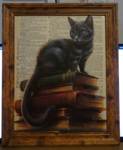SIGNED FRAMED Black Cat on Books Dictionary Page Art Print Wall Decor - Picture 1 of 2