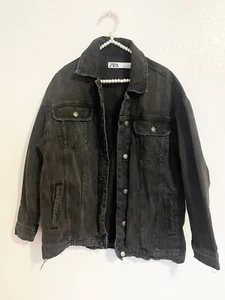 Zara Black Denim Long Jacket Size M - Picture 1 of 5