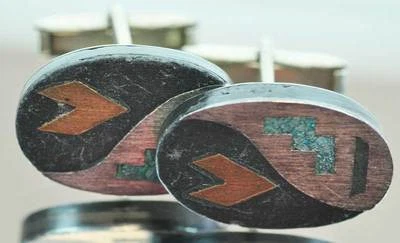 Vintage 80er Jahre Manschettenknöpfe Silber z.T. mit Intarsien/Inlay Cufflinks - Bild 1 von 2