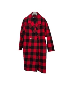 Zara Oversized Tartan Wool Coat XS Fits 6 8 10 12 Red Black Checked Print - Picture 1 of 5