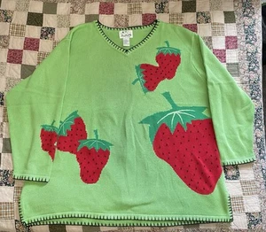 Women’s 2X The Quacker Factory Green Strawberry Knit Sweater - Picture 1 of 9