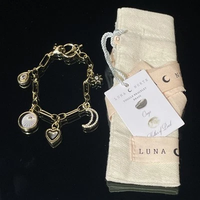 Luna Norte Gold Tone Genuine MOP CZ Icon Charm Bracelet Toggle Clasp NWT - Image 1 of 3