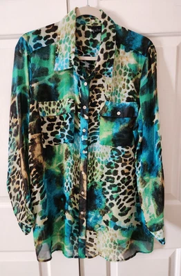 XL Colorido Semi Transparente Leopardo Estampado Animal Botón Frontal Túnica Top Blusa Camisa Foto 1 de 4