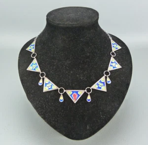 Ravissant collier en argent massif décor émaillé, origine Afrique du Nord, 45 cm - Picture 1 of 10