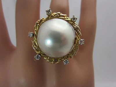 Vintage 14K Gelbgold Diamant 18 Mm. Mabe Perlen-Ring - Bild 1 von 4