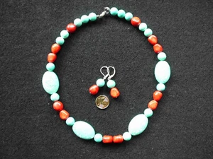 Modeschmuck Hals-Kette Acrylperlen blaugrün/rot ca 46 cm Ohrringe ca 3,5 cm - Bild 1 von 2