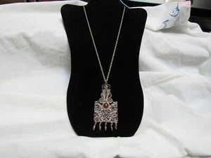 Vintage Israel Filigree Large Sterling Pendant Drops Tiger Eye/Sapphire? W/Chain - Picture 1 of 12