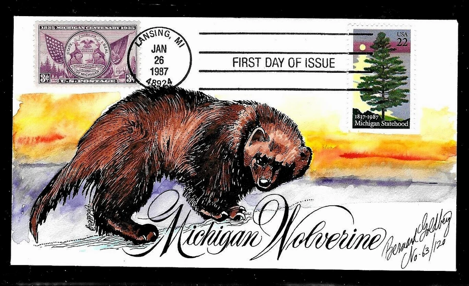 2246 22c Stamp (1987) + 775 3c Stamp (1935) MICHIGAN 150 FDC BY BERNARD GOLDBERG - Image 1 of 1