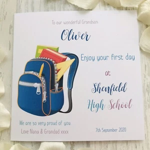 Personalised First Day at School Card Rucksack Good Luck Son Daughter Reception - Foto 1 di 3