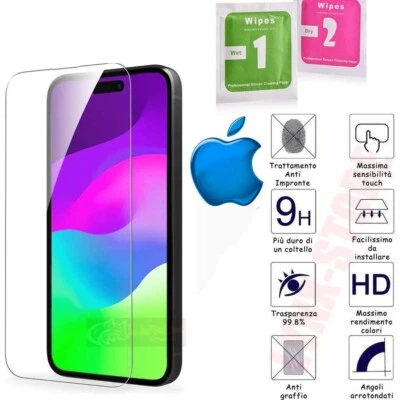 Pellicola vetro temperato Per iPhone  8 XS XR 11 12 13 14 15 16 SE Plus Mini Pro - Immagine 1 di 4