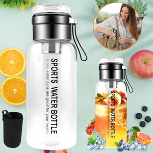 Glass Water Bottle 1000ml Glass Drinking Bottle Juice Bottle with Leakproof Lids - Picture 1 of 14