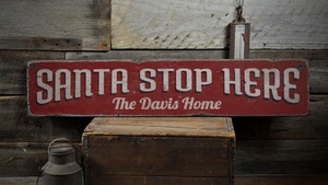 Santa Stop Here, Custom Family Last - Rustic Distressed Wood Sign - Picture 1 of 2