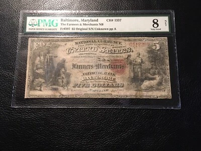 National Bank Note Baltimore Maryland PMG8 VG Net 1 Of 2 1865 5.00 Notes Known - Image 1 of 4