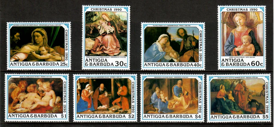 Antigua 1990 - Ruben Christmas Art - Set of 8 Stamps - Scott #1360-7 - MNH - Image 1 of 1
