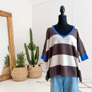 MINNIE ROSE Women’s XS/S Short Dolman Sleeve Striped Oversized Cashmere Sweater - Picture 1 of 12