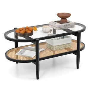 2-Tier Coffee Table Tempered Glass Top w/ PE Rattan Shelf & Acacia Wood Frame - Picture 1 of 10