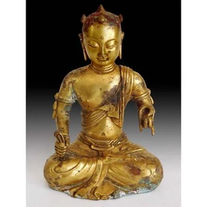 Antike chinesische Bronze Manjushri Bodhisattva Wenshu Weisheit Buddha Statue 文殊菩薩像 - Bild 1 von 8