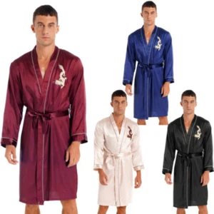 Men's Satin Robes with Shorts Bathrobe Long Sleeve Dragon Embroidery Loungewear - Picture 1 of 16
