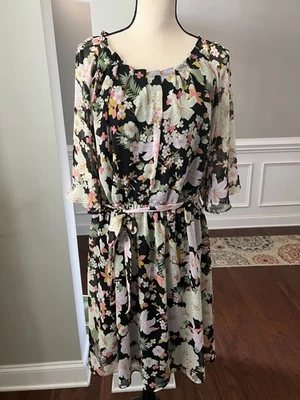 Lauren Conrad Crinkled Chiffon Dress w/Flutter Sleeves Black Floral Sz XL - Image 1 of 4