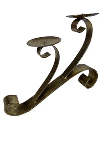 Nordstroms Christmas Metal 2 Arm Scrolled Pillar Candle Holder Gold 11"x14" - Picture 1 of 7