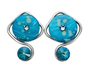 Jeff Lieb Blue Flat Bead Modern Clip On Earrings Rivoli Rhinestone, Signed - Picture 1 of 8