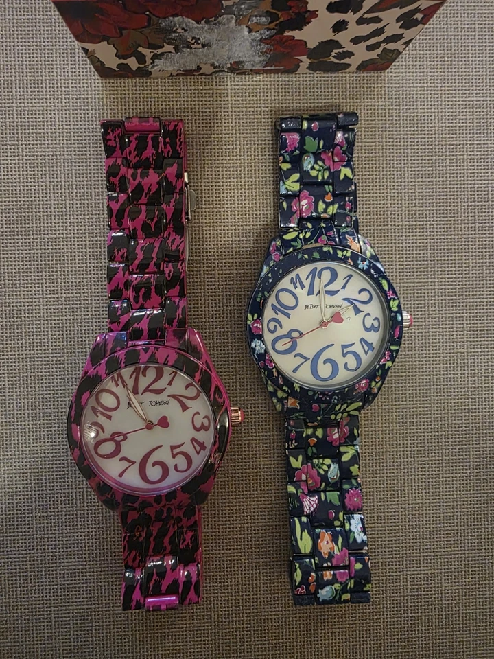 Betsey Johnson Watch Set Betsy Blue Floral Ceramic /  Pink Cheetah Leopard  - Image 1 of 4