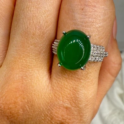 925 Sterling Silver Ring 11x8mm Green Natural Emerald Gemstone Zircon Women Gift - Image 1 of 4