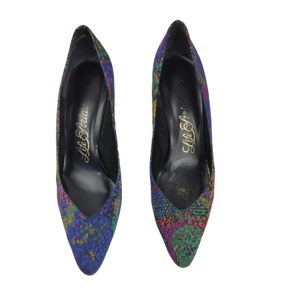 VINTAGE 90's LIFE STRIDE MULTI-COLOR Tapestry Print Pointed  Toe Heels SIZE 7.5 - Image 1 of 4