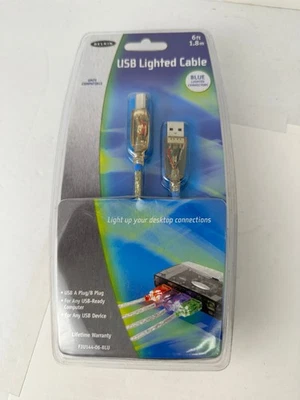 Belkin USB A to B Blue Lit Cable (clear) 6 ft. BRAND NEW in Sealed Package - Image 1 of 2