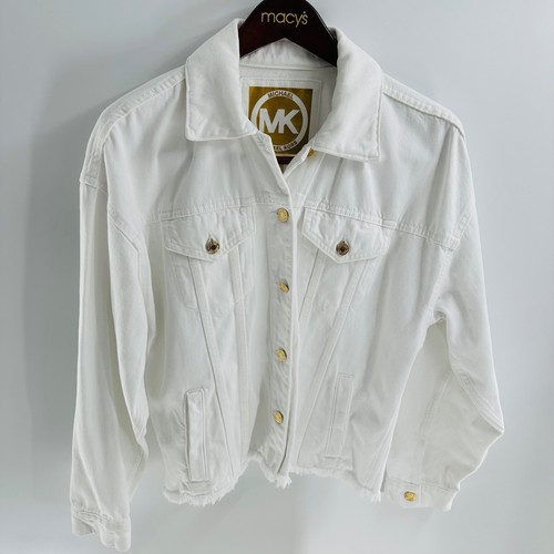 Giacca denim Michael Kors orlo sfilacciato dettaglio bottoni oro bianco taglia M