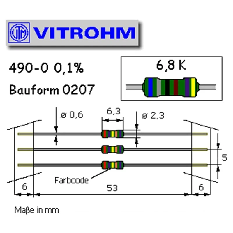 VITROHM Metallschicht-Widerstand 6,8 kOhm 0,6 Watt 0,1% Toleranz Bauform 0207
