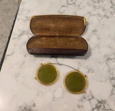Vintage Antique Green Celluloid Sunglasses Bakelite? Old Plastic Clip On Lens - Image 1 of 4