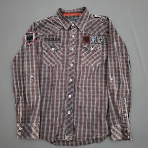 Filter Shirt Mens Small S Long Sleeve Button Up Distressed Grunge Plaid Red Gray - Picture 1 of 19