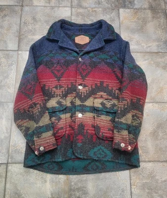 Vintage 90s Woolrich Men's XL Aztec Navajo Colorful Wool Button Coat Jacket - Image 1 of 4