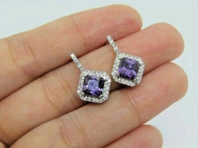 2 克拉 Asscher 切割模拟紫水晶吊坠耳环 14K 镀白金 — 第 1/2 张图片