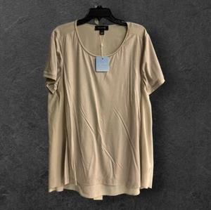 St. John Jersey Knit Silk Back Contrast Embellished Shirt Beige Size XL NEW - Picture 1 of 9