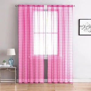 Pink Single (1) Sheer Rod Pocket Window Curtain Panel: Plaid/Check Design 55x84L - Picture 1 of 1
