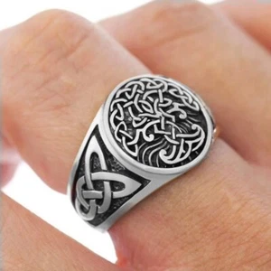 BAGUE ACIER INOXYDABLE ARBRE DE VIE NOEUDS CELTIQUES VIKING NORDIQUE BIKER - Imagen 1 de 2