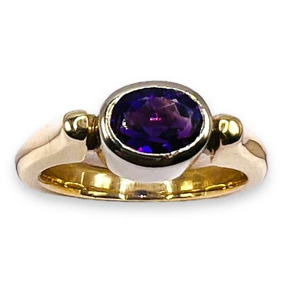 Modernist Natural Amethyst Oval 14k Two Tone Gold Ring 6.5 Grams - Image 1 of 4