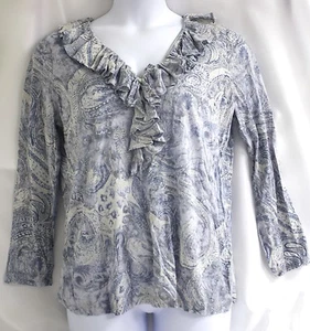 Ralph Lauren Shirt Blue Gray Cotton Ruffle V Neck Buttons Paisley Top Plus - Picture 1 of 3