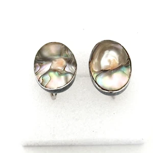 Vintage 925 Sterling Silver Abalone Mabe Pearl Oval Ladies Screw Back Earrings - Picture 1 of 8