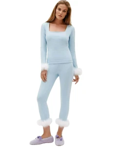 Sleeper Weekend Chic Set Feather Top And Leggings XL Blue - Picture 1 of 17