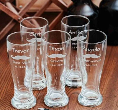 5 x Personalised Engraved 425ml  Schooner Beer Glass Wedding Favour Groomsman - image 1 of 4