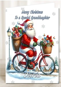 Personalisierte Weihnachtskarte Weihnachtsmann auf einem Schiebefahrrad Geschenke liefern - Bild 1 von 3
