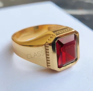 14k Solid Yellow Gold with Natural Red Garnet Gemstone Handmade Ring for Men's - Picture 1 of 7