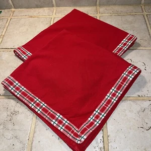 Crate & Barrel Yuletide Cotton Christmas Napkins Set Of 2 Red With Plaid Trim - Picture 1 of 8